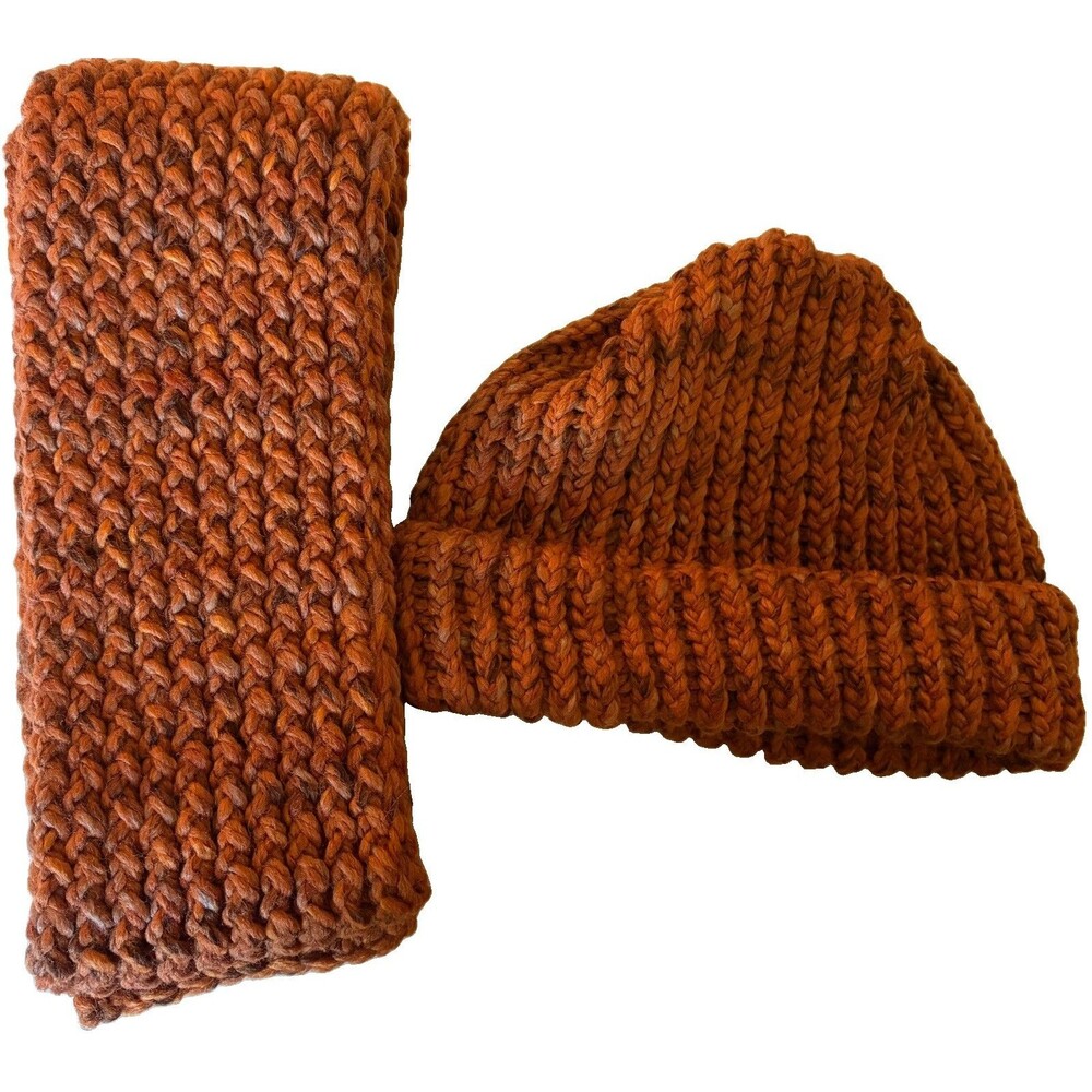 Handmade Womens Burnt Orange Scarf And Hat Set Knit Beanie Warm Cold Weather